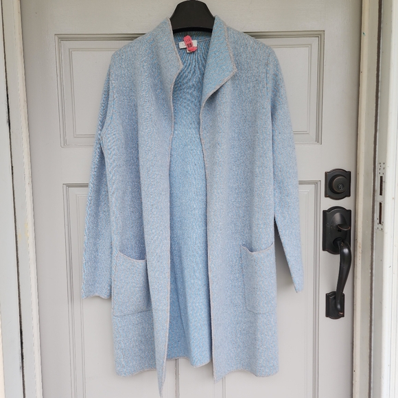Kinross 100% Cashmere Cardigan Medium Open Front With Pockets Light Grey & Blue - Picture 1 of 13